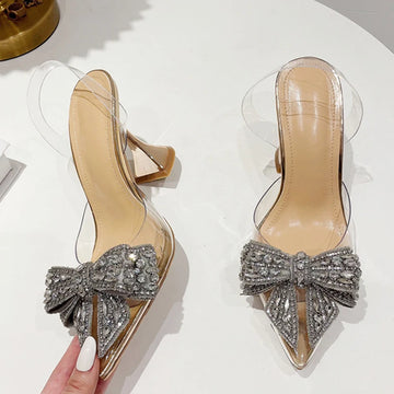 Xajzpa Fashion Crystal Sequined Bowknot Women Pumps Sexy Pointed Toe High Heels Wedding Prom Shoes Ladies PVC Transparent Sandals